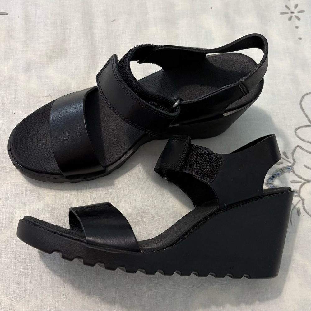 Ecco Black Wedge Shoes with High Heel and Strappy Design